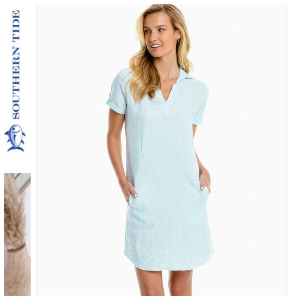 NWT Southern Tide Kamryn Y-Neck Short Sleeve Linen Print Dress